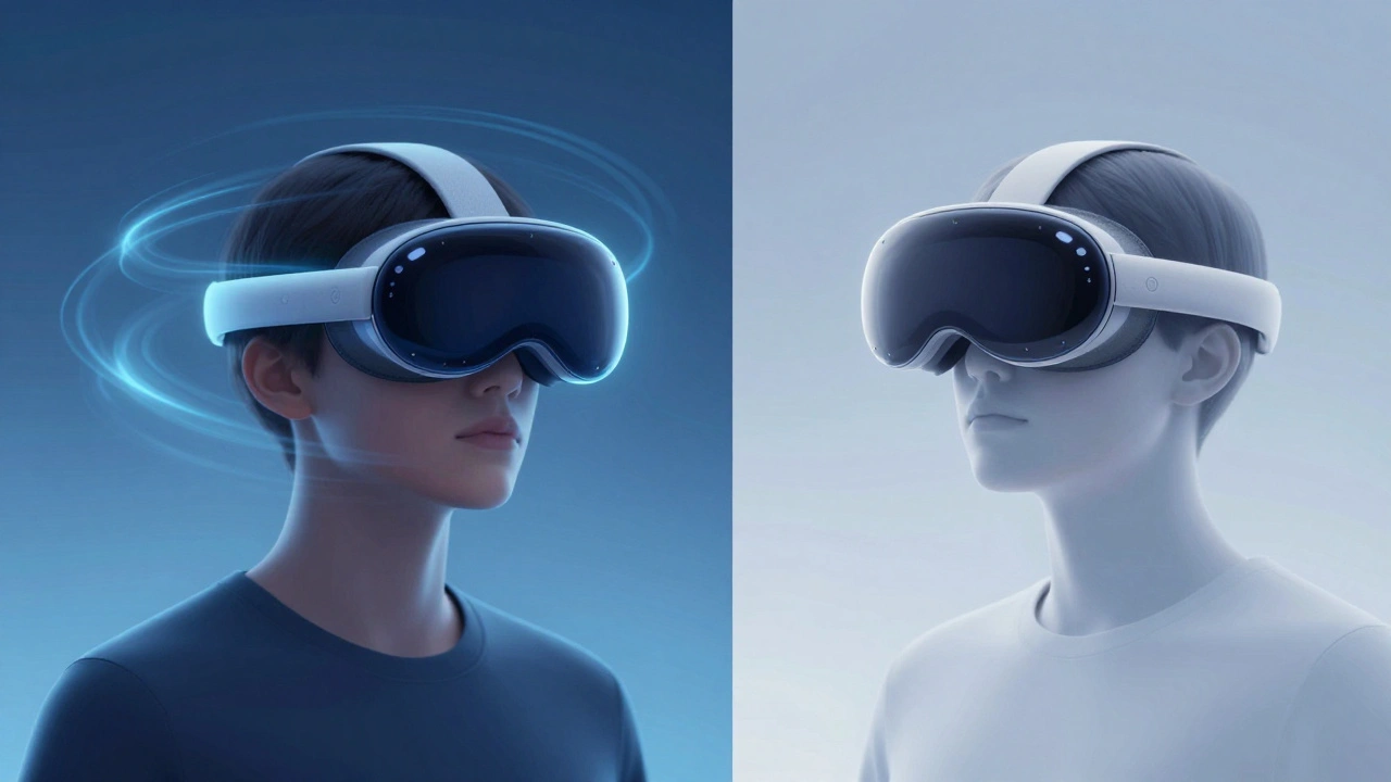 Apple Vision Pro headset showing the difference between dynamic AR animations and their simplified, static versions with Reduced Motion.