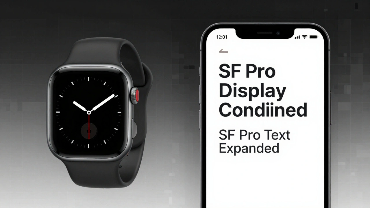 Apple Watch face with SF Compact and iPhone News headline in SF Pro Display Condensed beside SF Pro Text Expanded byline.