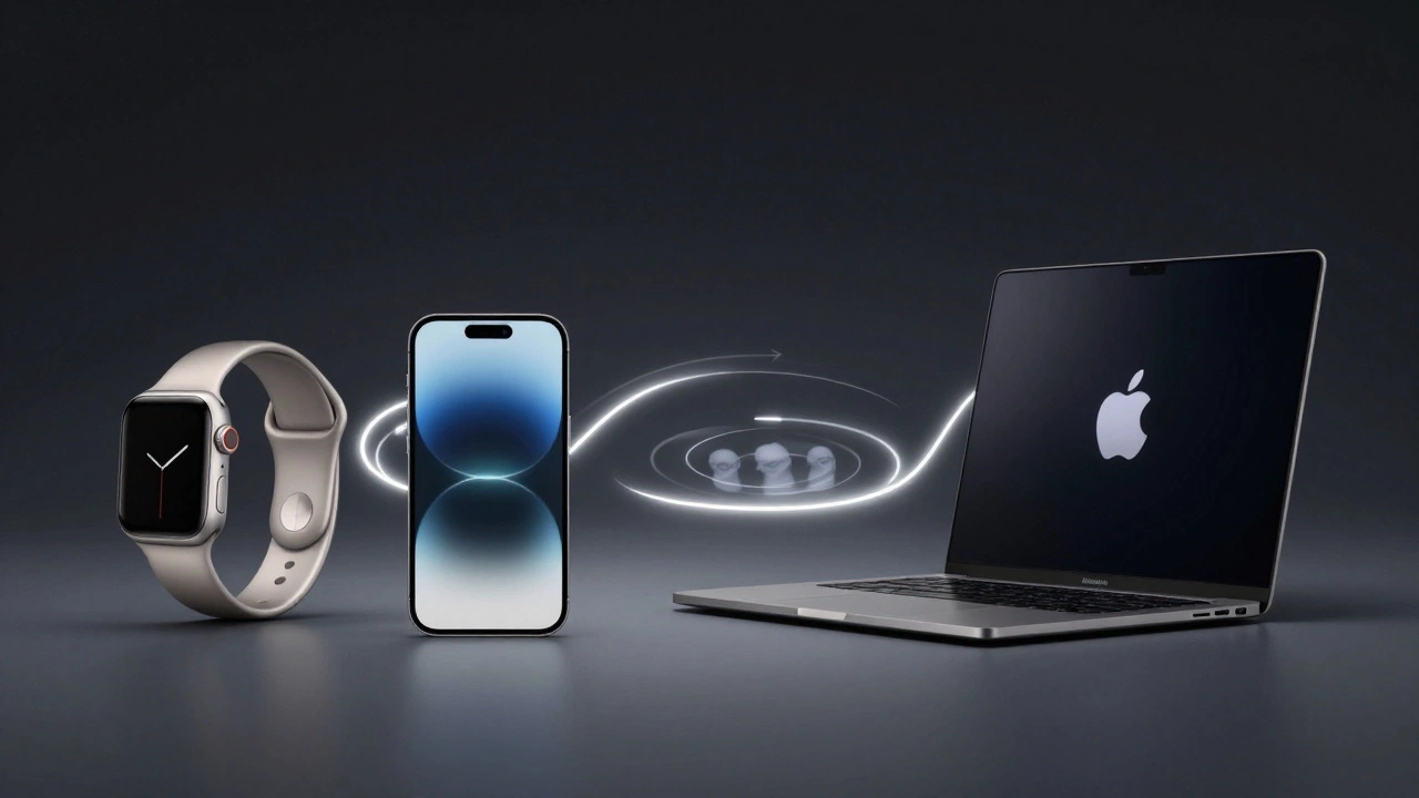 Apple Watch, iPhone, and MacBook Pro arranged in a circle with glowing connections between them.