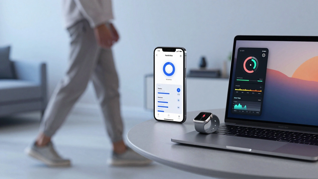 Apple Watch unlocking a Mac while iPhone displays synchronized health data.