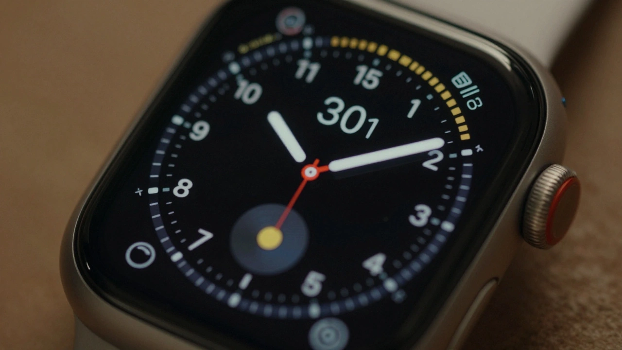 Apple Watch with analog dial and digital widgets in corners, showcasing rectangular screen efficiency.