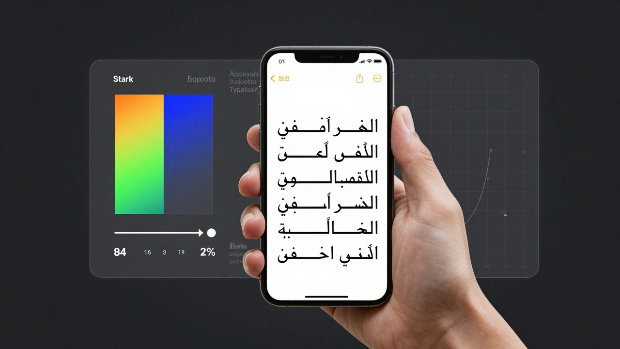 Arabic text on an iPhone with diacritics visible, overlaid with accessibility metrics for contrast and readability testing.