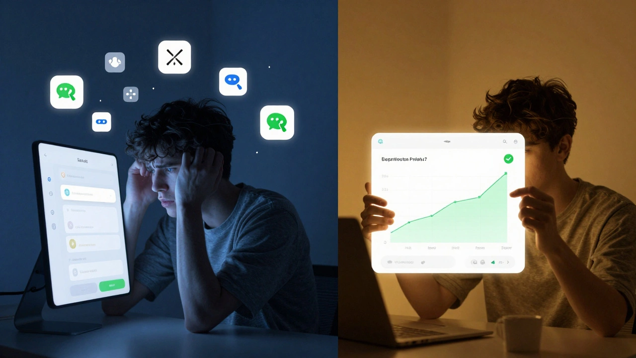 Before and after comparison of a user struggling with an app versus smoothly using a redesigned Apple interface with positive data indicators.