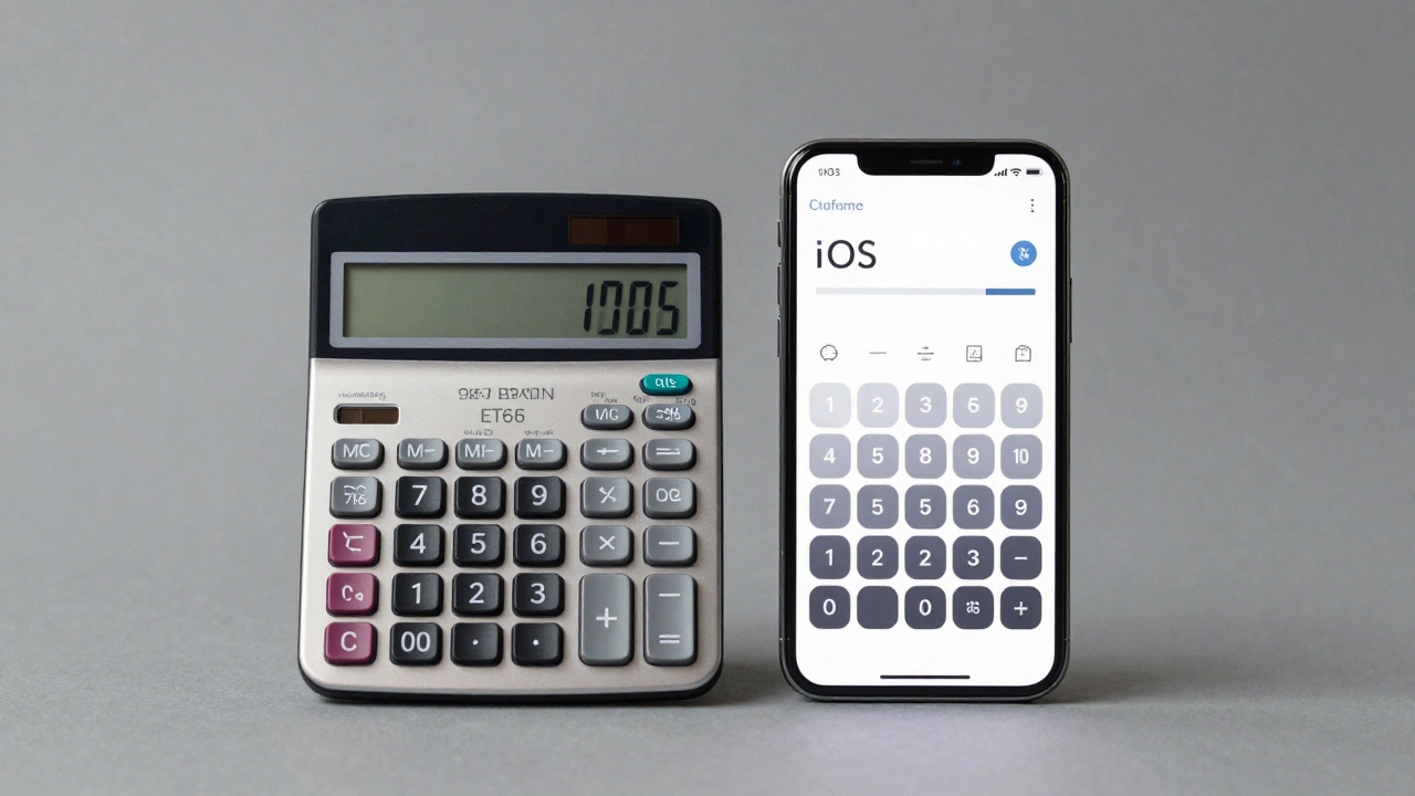 Braun ET66 calculator next to iPhone with identical calculator app interface.