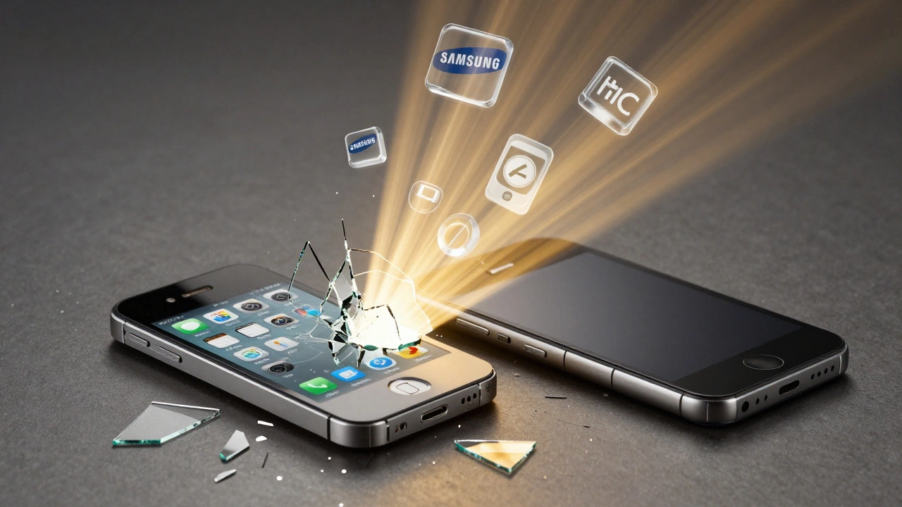 Broken iPhone 4 glass beside a modern phone, with floating brand icons transitioning from plastic to glass.