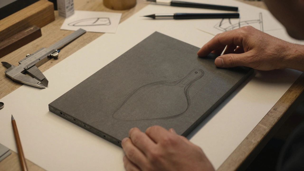 Close-up of hands placing a thick acrylic slab on a workbench with precision tools and design sketches nearby.