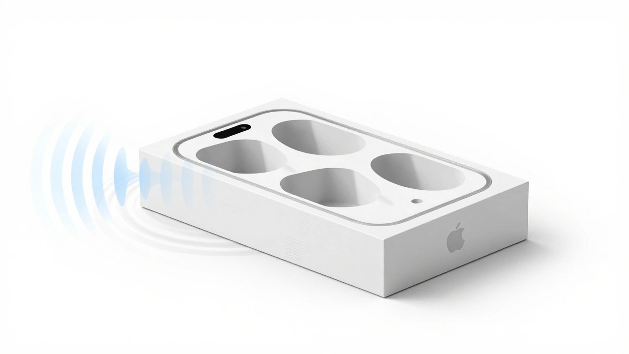 Cross-section illustration showing hidden air pockets in an Apple box and sound waves radiating outward.