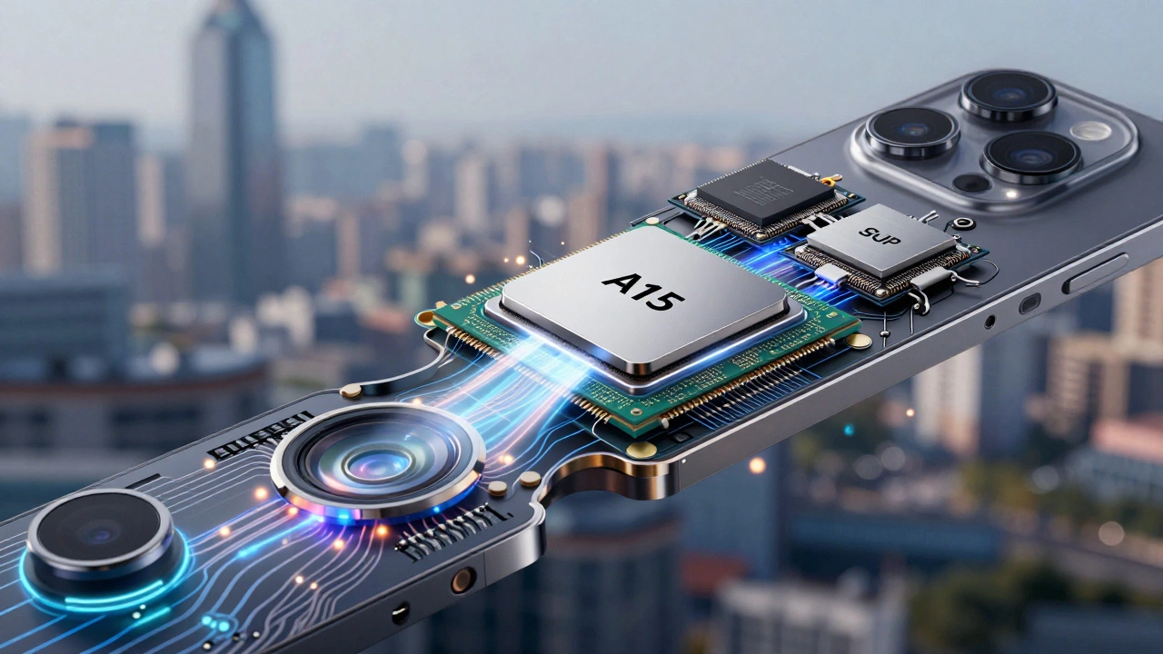 Cross-section of A15 chip showing ISP, GPU, and neural engine processing light data for computational photography.