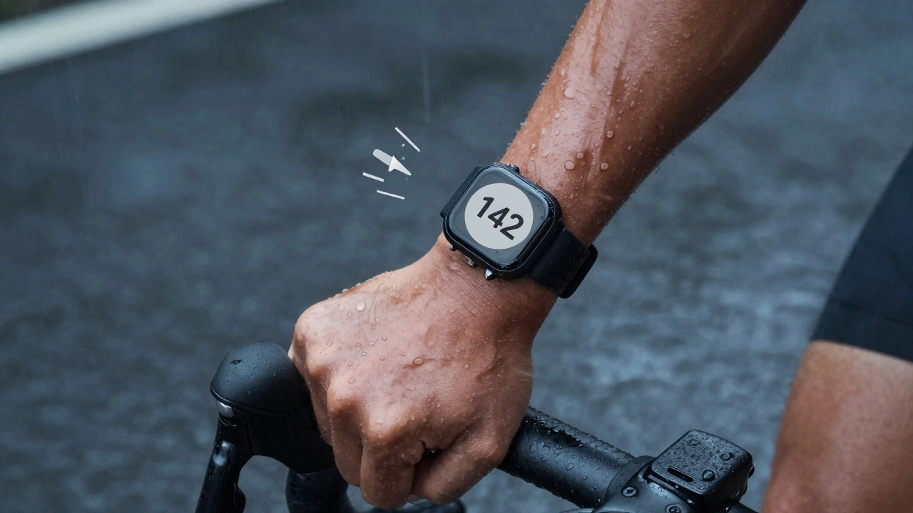 Cyclist in rain with smartwatch in grayscale mode displaying heart rate and weather icon, physical button pressed.