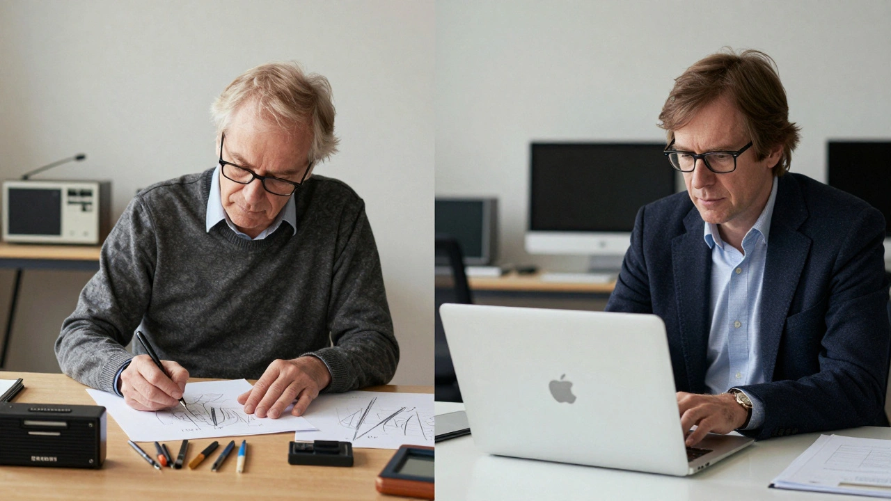 Dieter Rams sketching beside Braun radio, Jony Ive studying MacBook prototype in parallel.