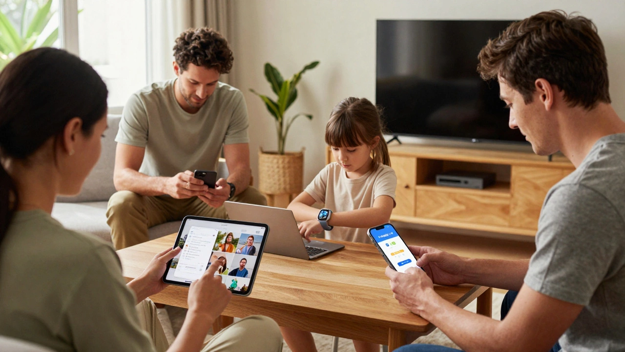 Diverse people in a home using Apple devices seamlessly—no manuals, no menus—just effortless syncing and connection.