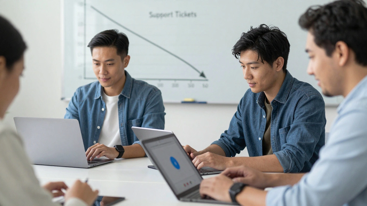 Diverse team working productively with Apple devices, showing seamless file transfers and calls.