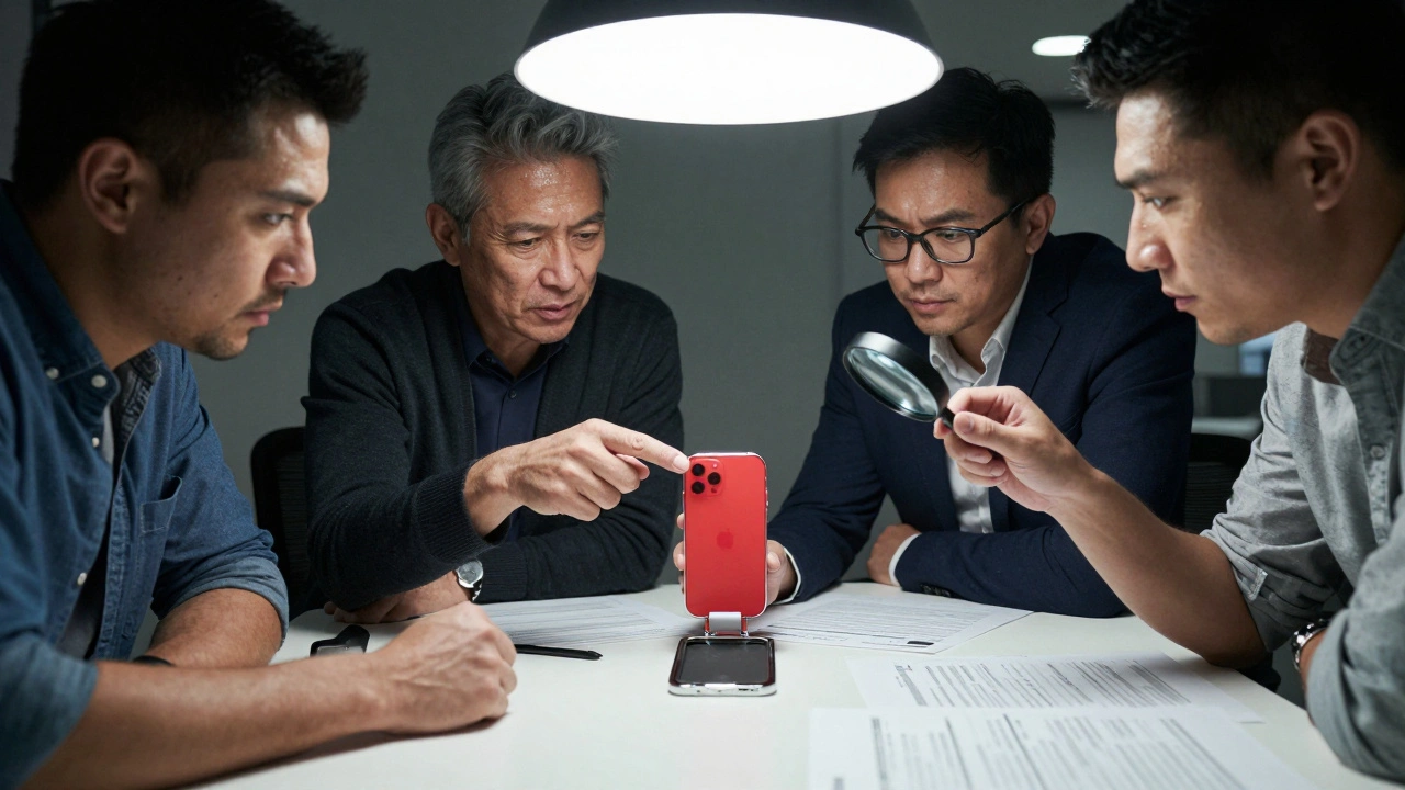 Engineers and designers intensely review a prototype iPhone, focusing on a hinge and seal during a high-stakes feedback session.