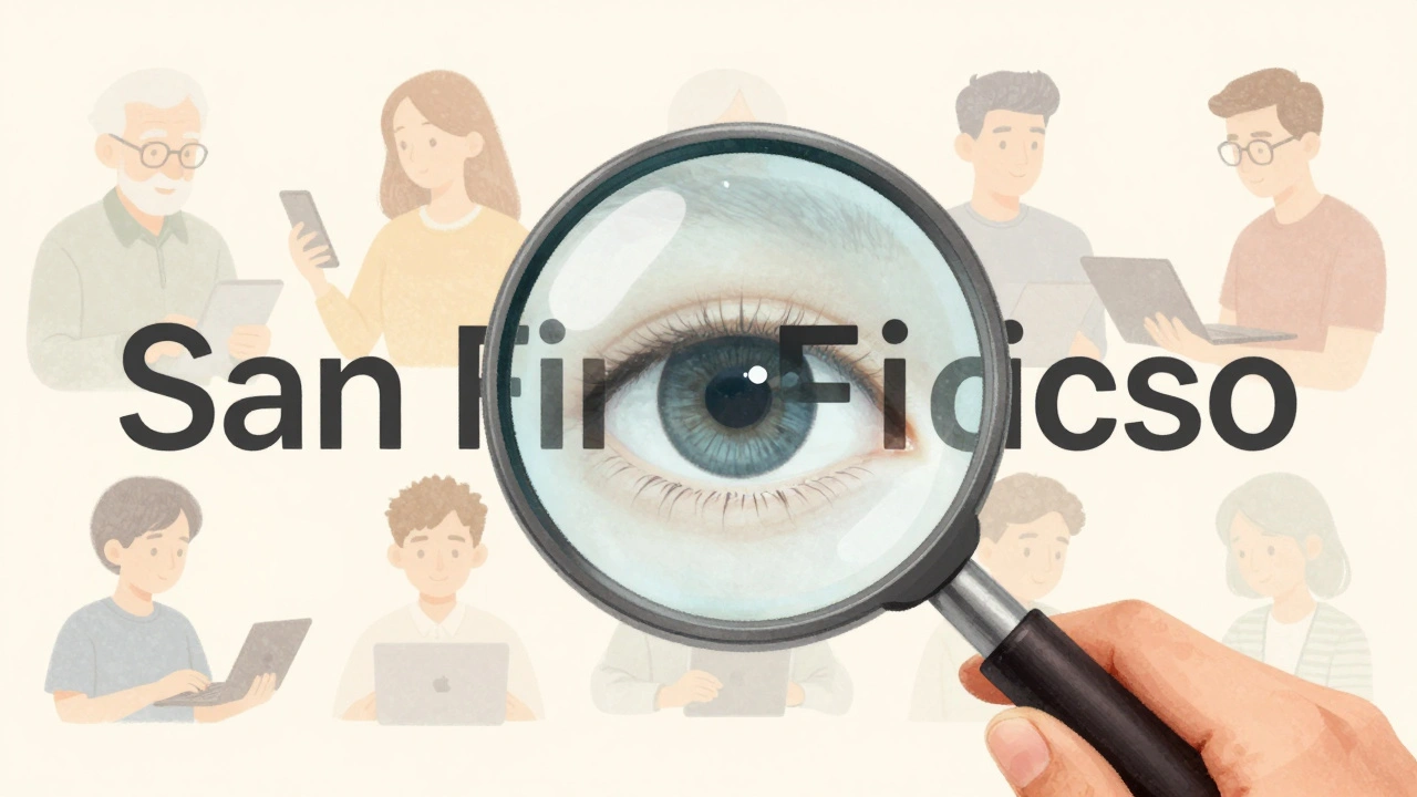 Eye viewing San Francisco font's optical adjustments through a magnifier, with diverse users in background.