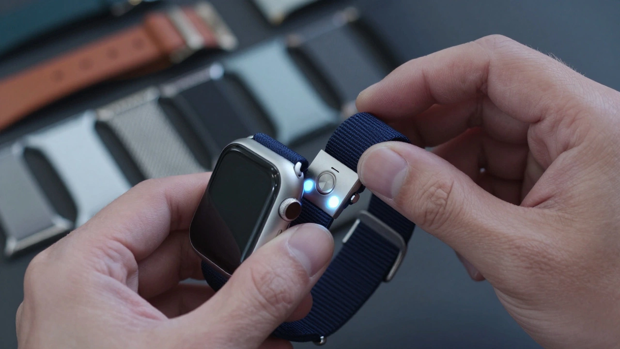 Hand attaching a woven navy band to a silver Apple Watch case using magnetic connectors.