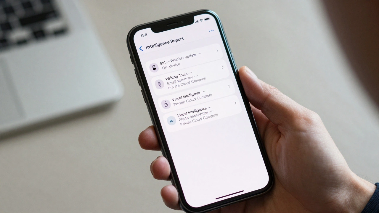 Hand holding iPhone displaying Apple Intelligence Report with plain-text logs of AI requests.