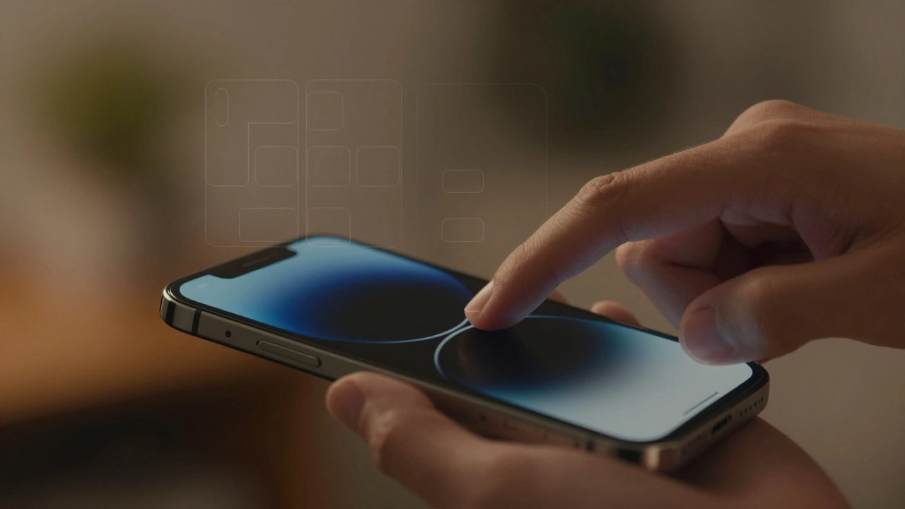 Hand swiping up on iPhone as faded remnants of removed buttons and ports dissolve into the background.