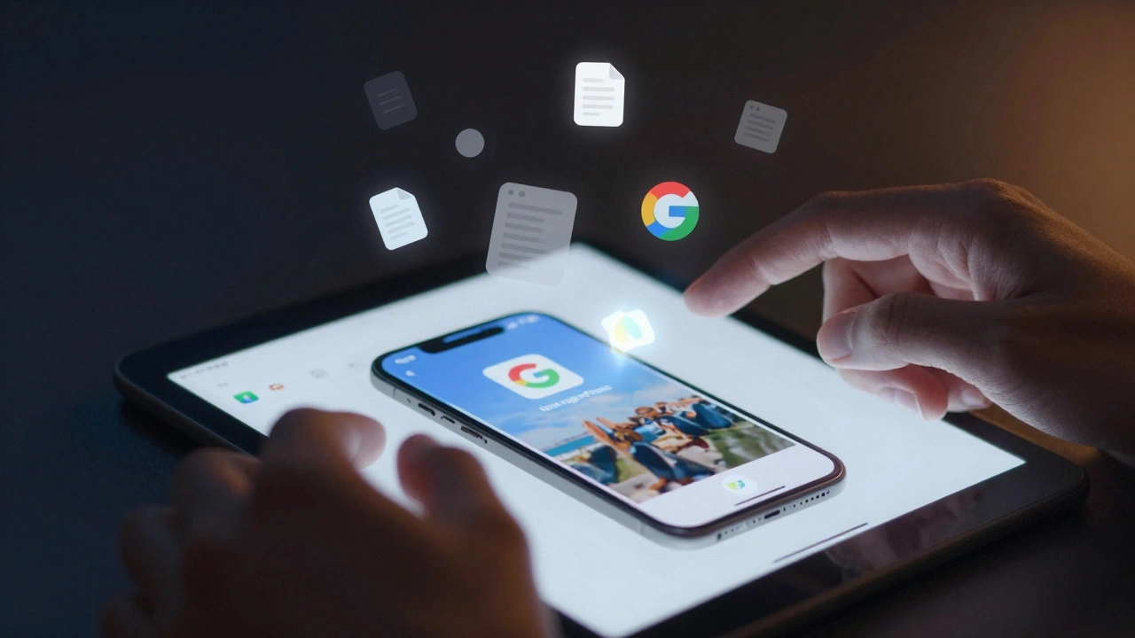 Hands struggling to transfer photos from iPhone to Android, with fragmented images and corrupted files floating in air.