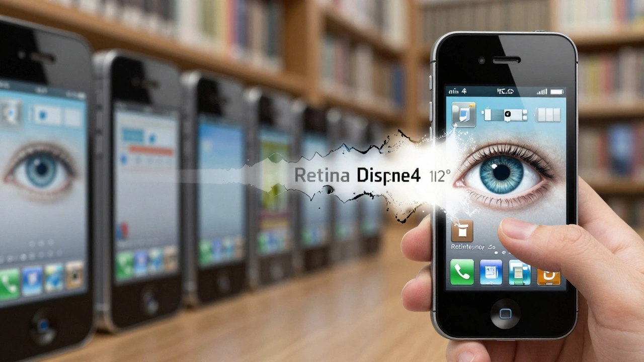 Human eye viewing iPhone 4 screen where pixels vanish into smooth text, contrasting with blurry older screens.