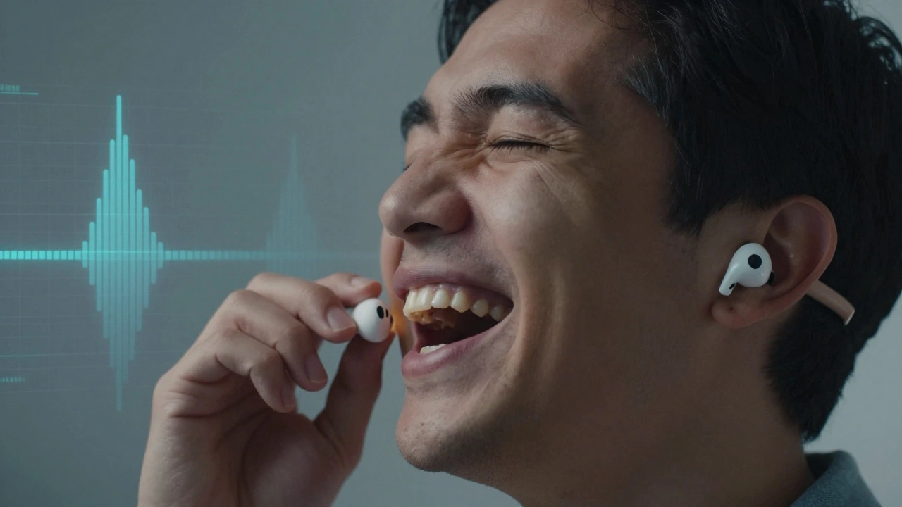 Individual using AirPods Pro with Hearing Aid Mode, enhanced sound from a child's laugh.