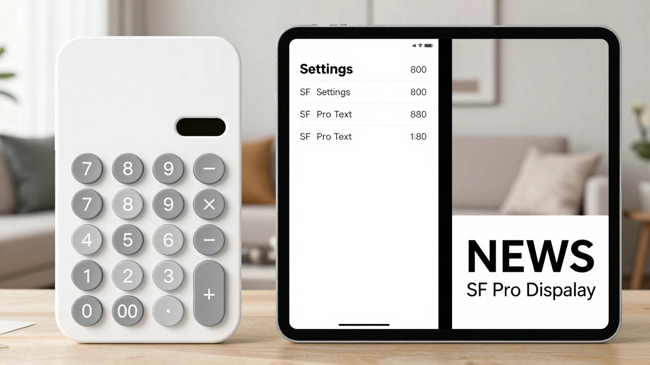 iPad UI elements displaying SF Pro Rounded on calculator buttons, SF Pro Text in settings, and SF Pro Display in headlines, all at correct sizes.