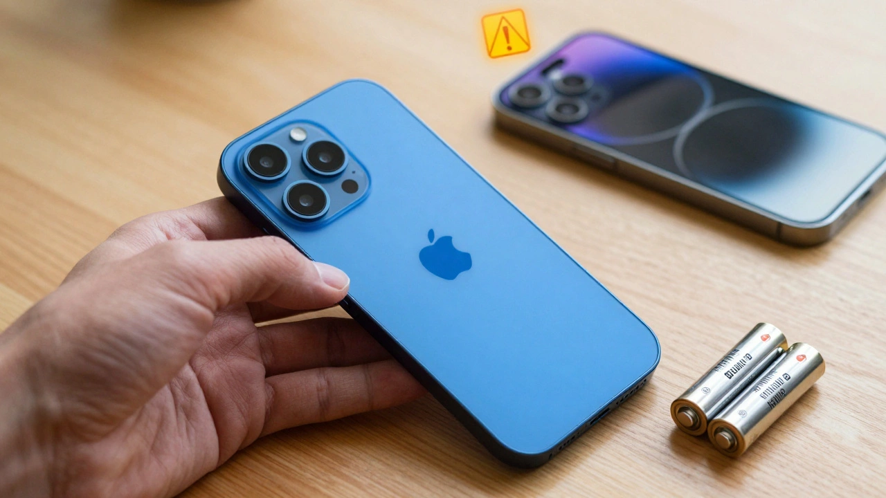 iPhone 17 in cobalt blue beside two AA batteries, highlighting its lighter weight and sleek design.