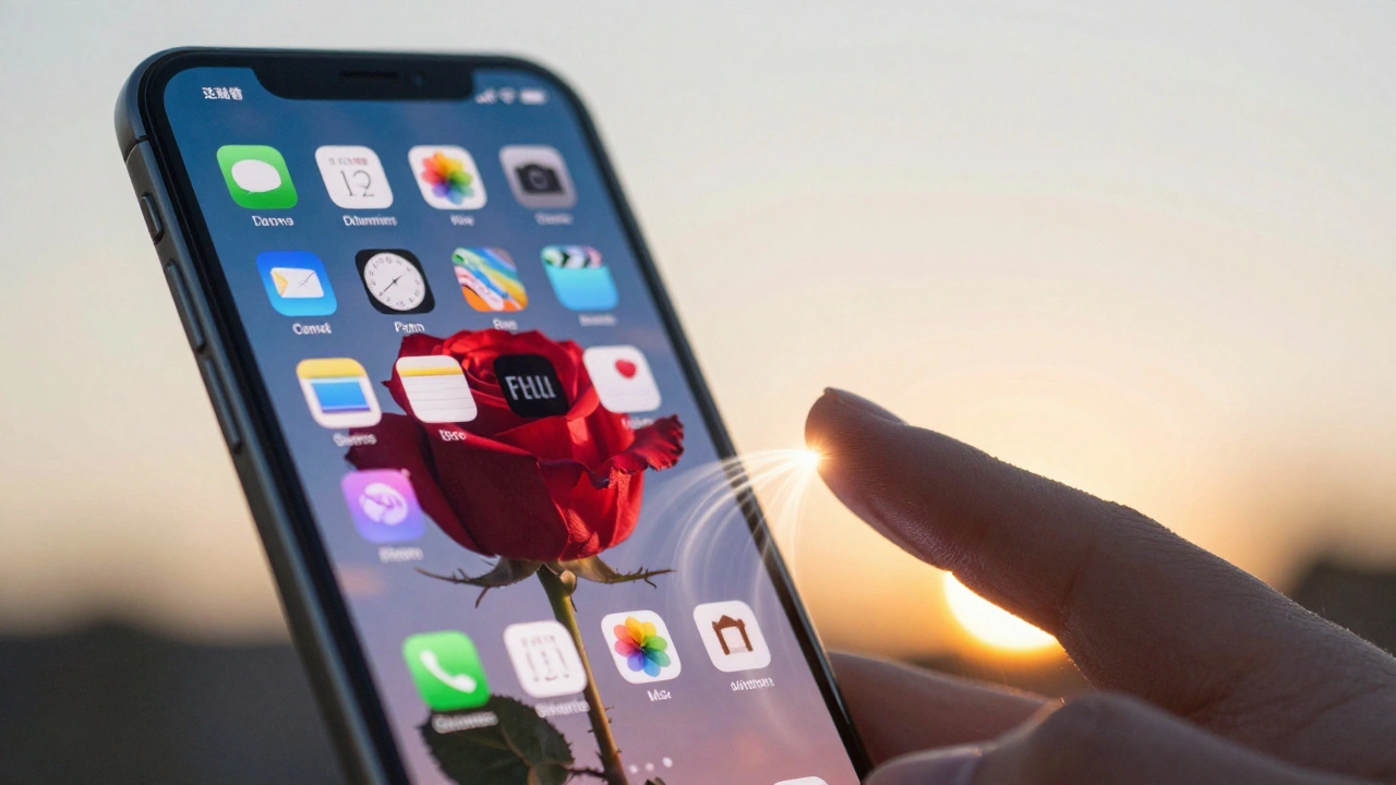 iPhone app icons glowing and color-shifting to match wallpaper, with a ripple effect from a finger tap.