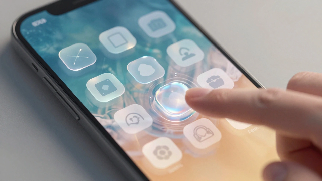 iPhone screen with dynamic Liquid Glass app icons rippling and refracting light as a finger glides across, no text or labels.