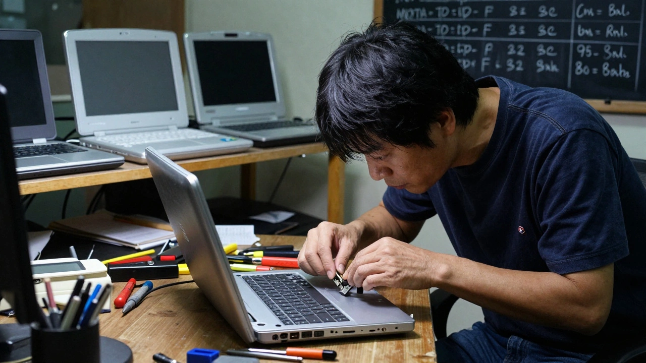 Kazuo Kawasaki adjusting a PowerBook hinge, surrounded by tools and laptop prototypes in a focused workspace.