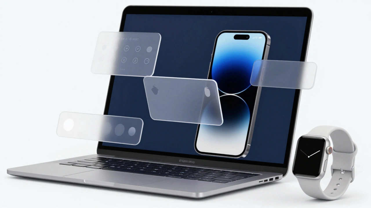 Liquid Glass UI elements floating with consistent light and motion across Apple devices.