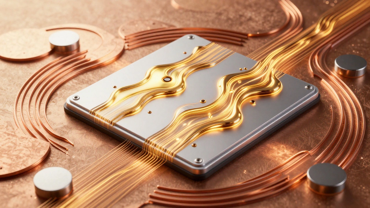 M4 chip integrated with recycled materials, showing thermal energy flow and sustainable design.