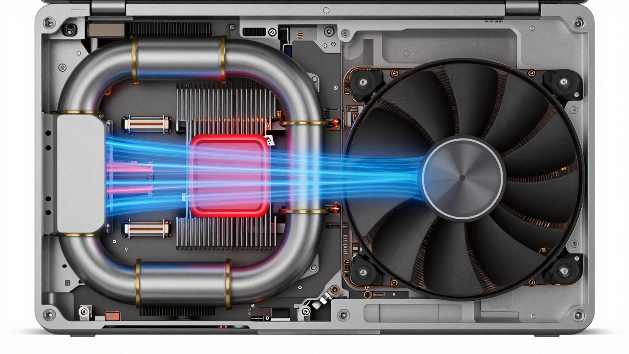 MacBook Pro's dual heat pipes and fans working silently to manage high-performance heat.