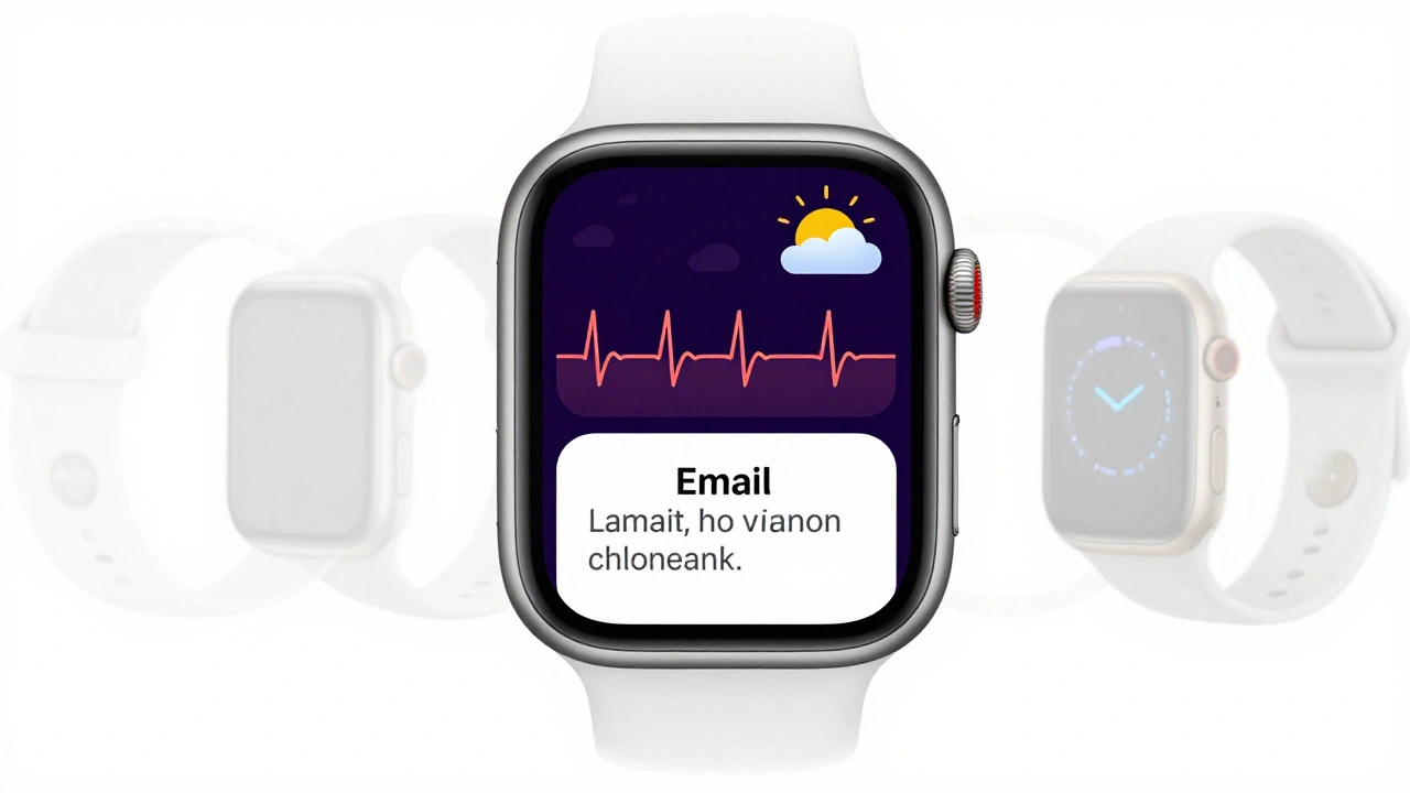 Overhead view of a rectangular smartwatch display with complete content, contrasting faded circular watch outlines.