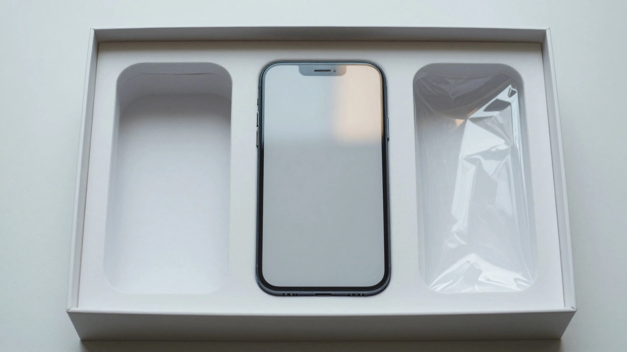 Overhead view of layered Apple packaging with a smartphone centered inside, clean and minimalist design.