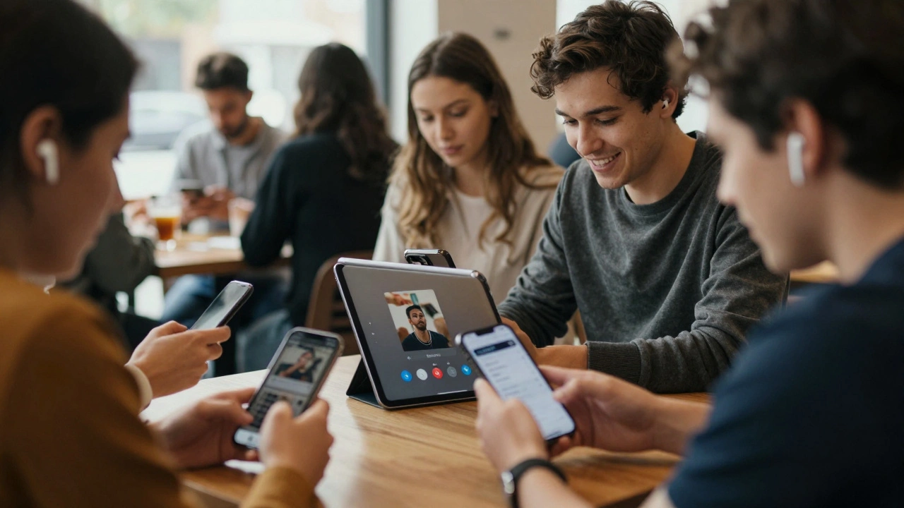 People in a café using live captions on iPhones and adjusting audio settings on iPads.