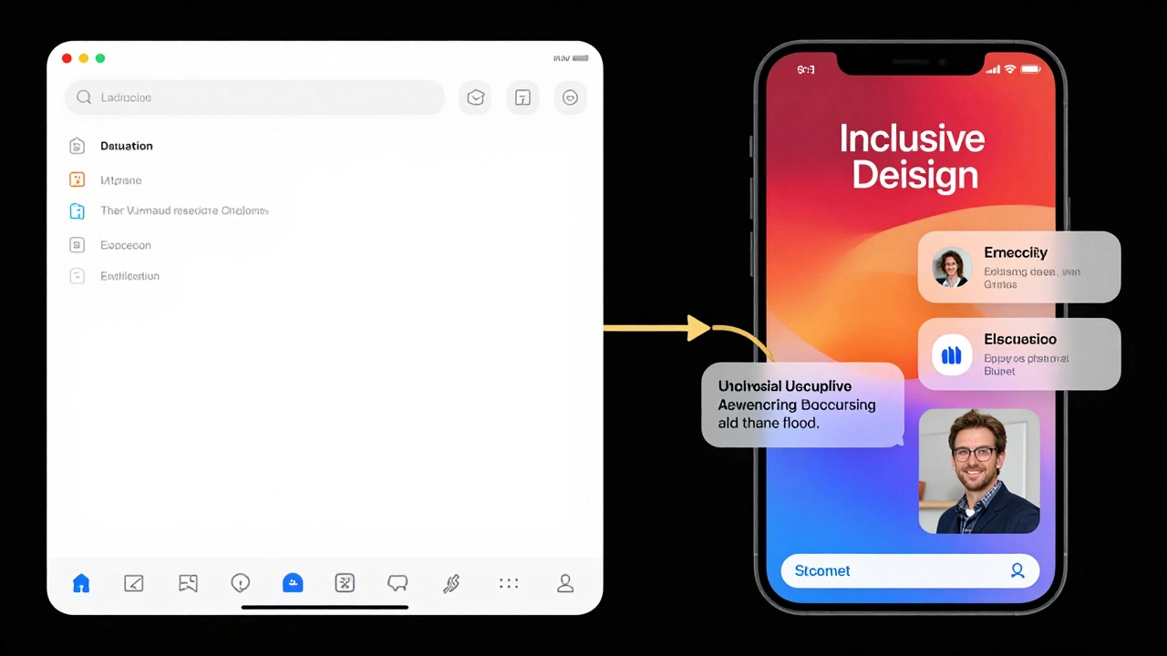 Side-by-side comparison of a cluttered app and its inclusive redesign with high contrast, scalable text, and voice cues.