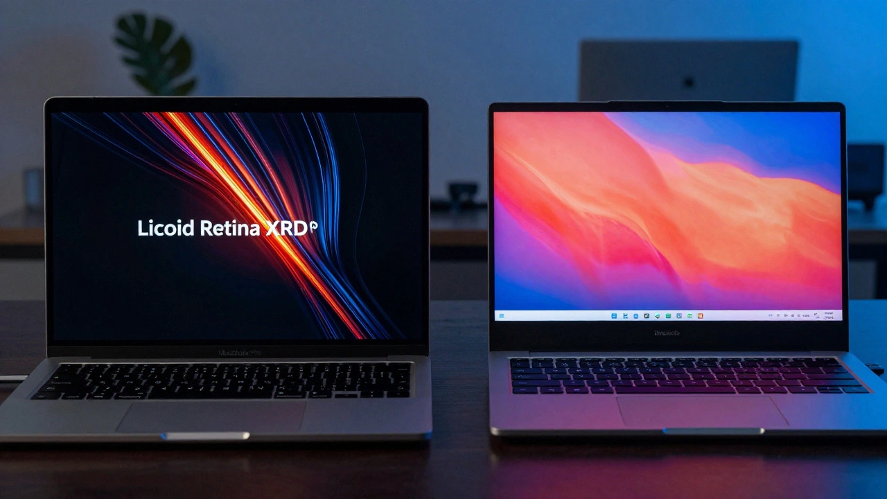 Side-by-side comparison of a MacBook Pro with accurate colors and a generic laptop with distorted, blue-tinted display.
