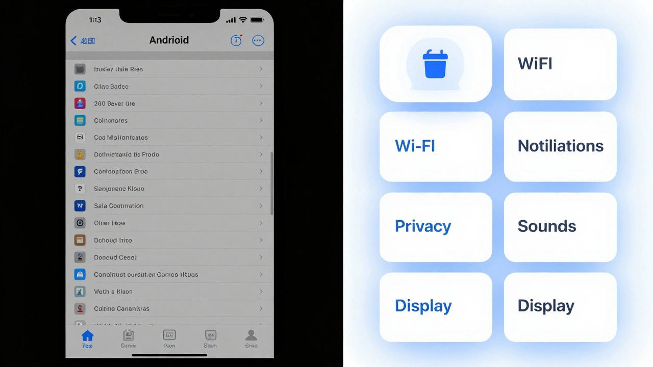 Side-by-side comparison of cluttered Android settings versus Apple’s organized, grouped Settings menu.