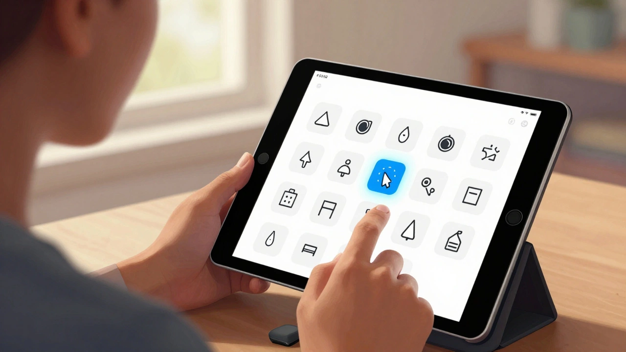 Someone controlling an iPad with Switch Control using a single switch, as the screen scans through icons.