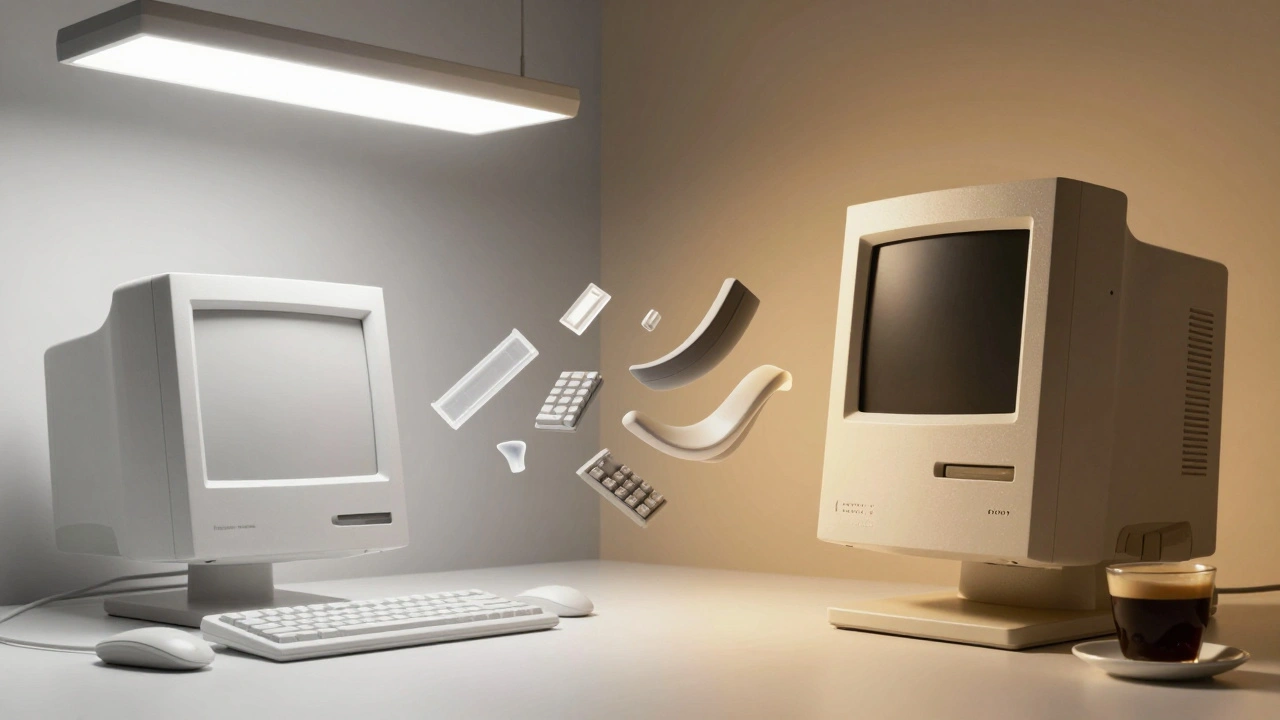 Split image showing transition from white 1980s Macs to warm beige 1990s Apple computers with textured materials.