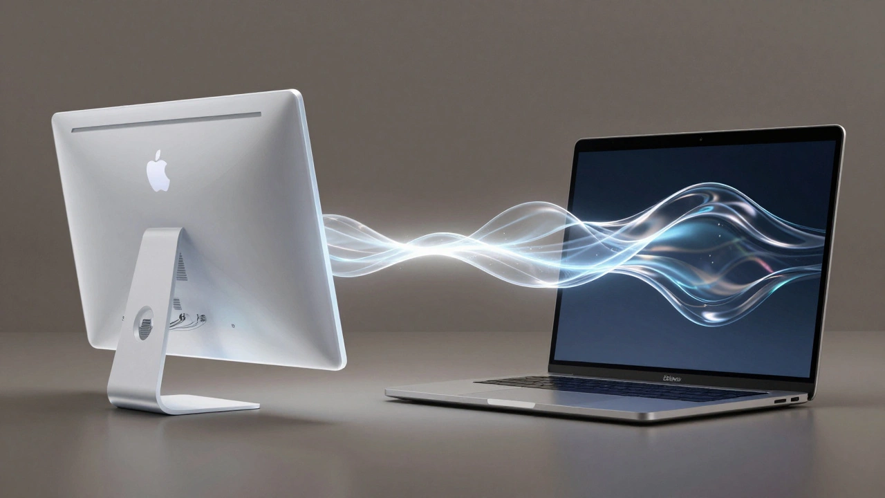 Split image: vintage translucent iMac on one side, modern Liquid Glass UI on the other, connected by a glowing bridge of light.