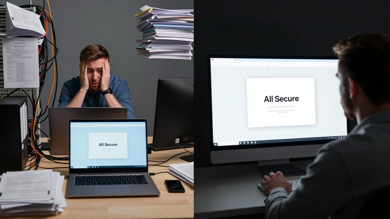 Split view: chaotic Windows support desk versus calm IT monitoring 20,000 secure Macs.