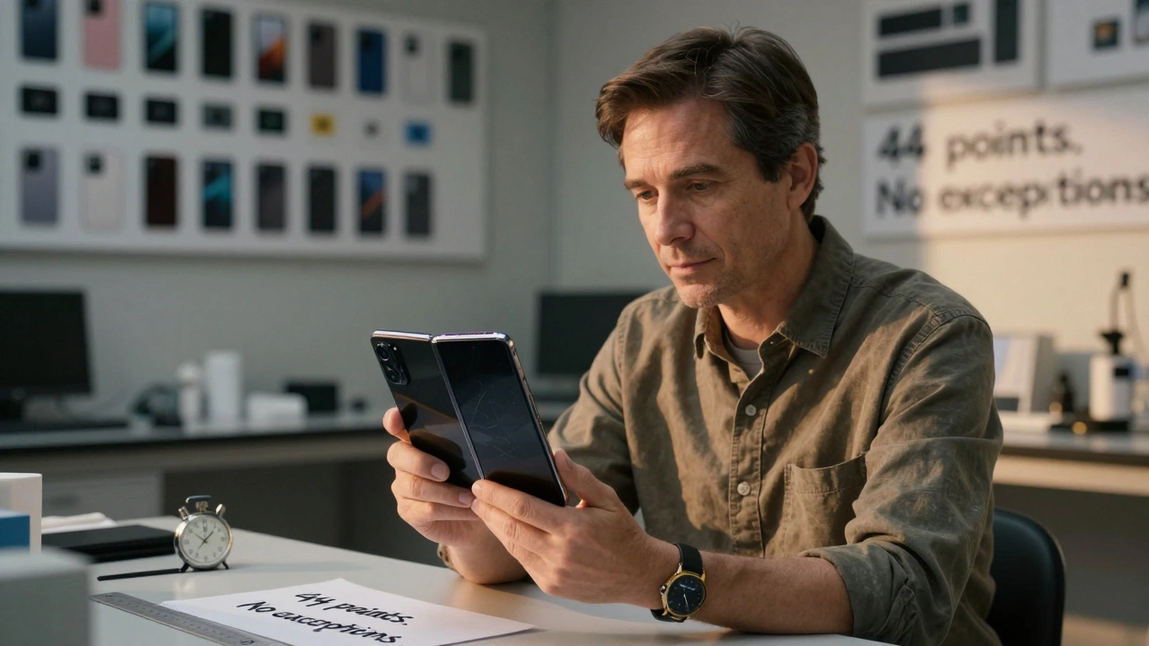 Stephen Lemay examines a foldable iPhone prototype at dawn, surrounded by decades of Apple devices, a handwritten note about design precision on the desk.