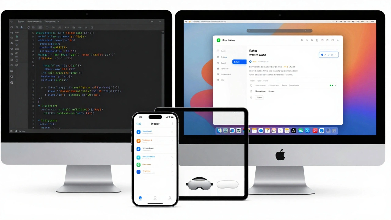 SwiftUI code in Xcode rendering live across iPhone, iPad, and Mac with adaptive layouts.