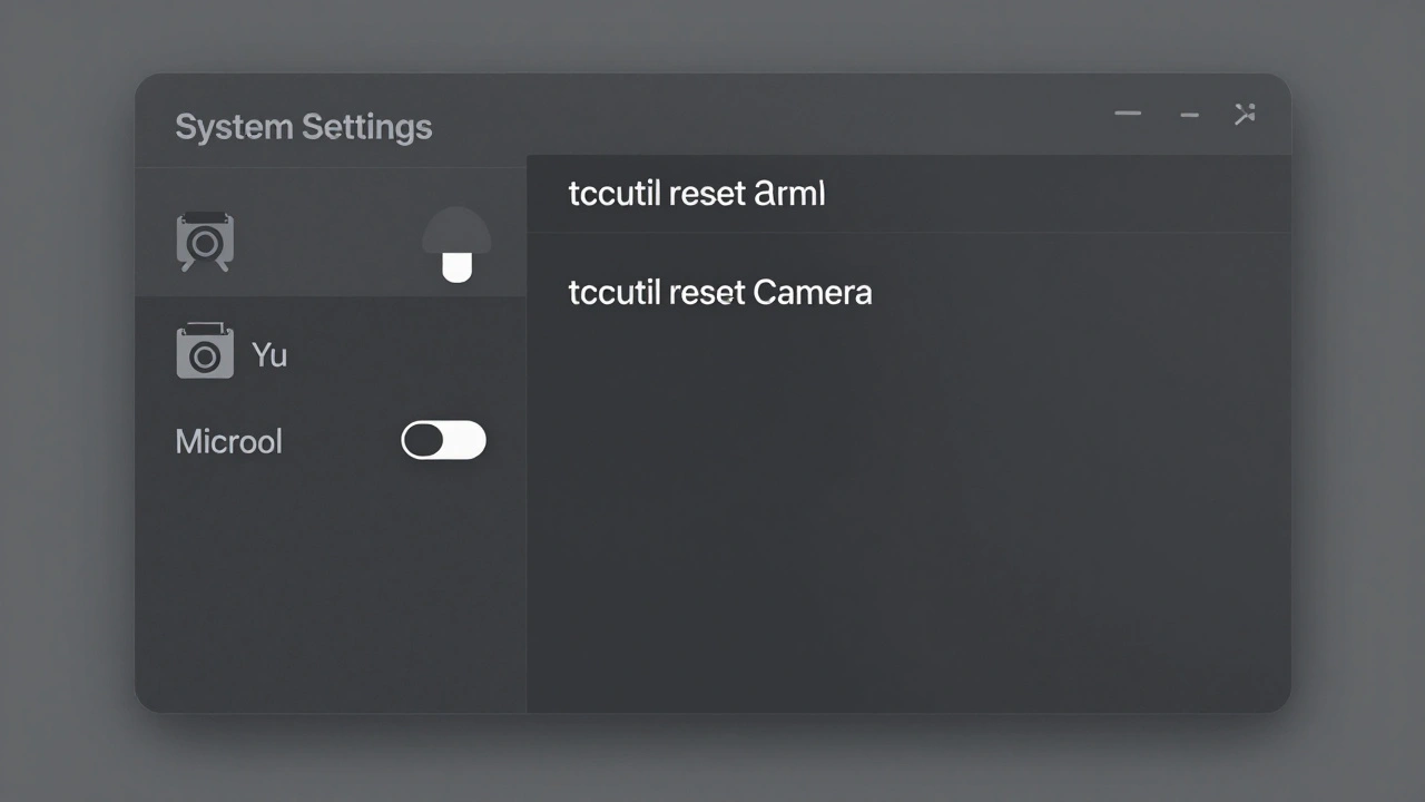 System Settings and Terminal window showing camera and microphone permission controls.