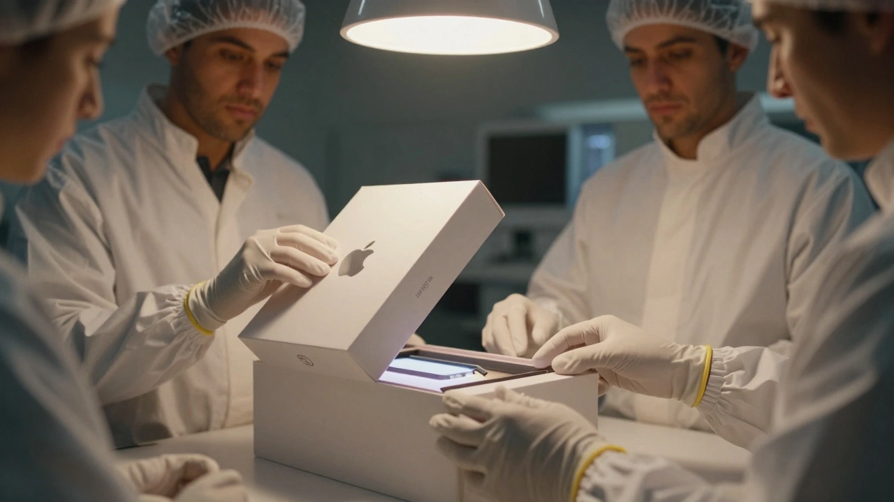 Testers in white gloves slowly open an Apple product box, highlighting the magnetic seal and perfect slide-out mechanism.