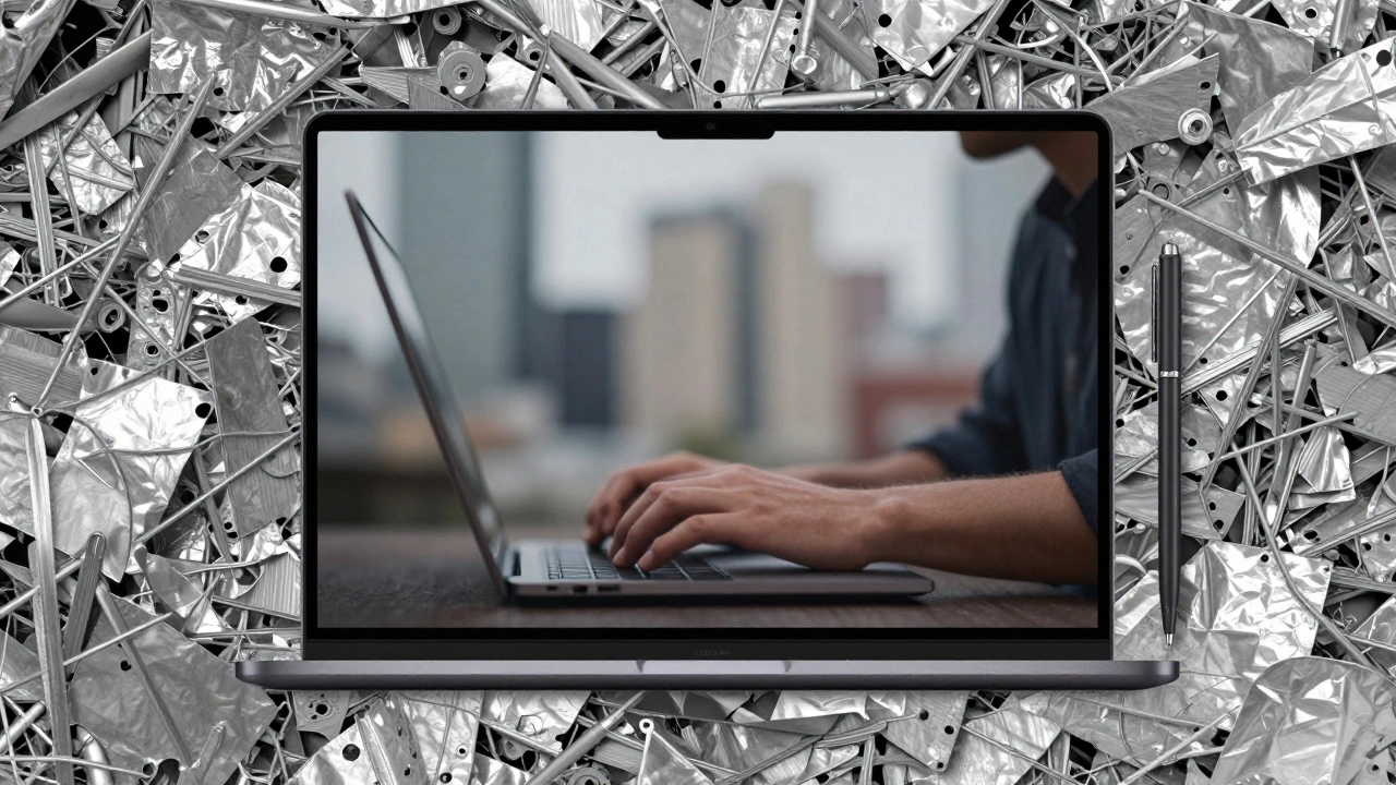 The thin profile of a MacBook Air beside a pen, its display reflecting a cityscape, with recycled aluminum in the background.
