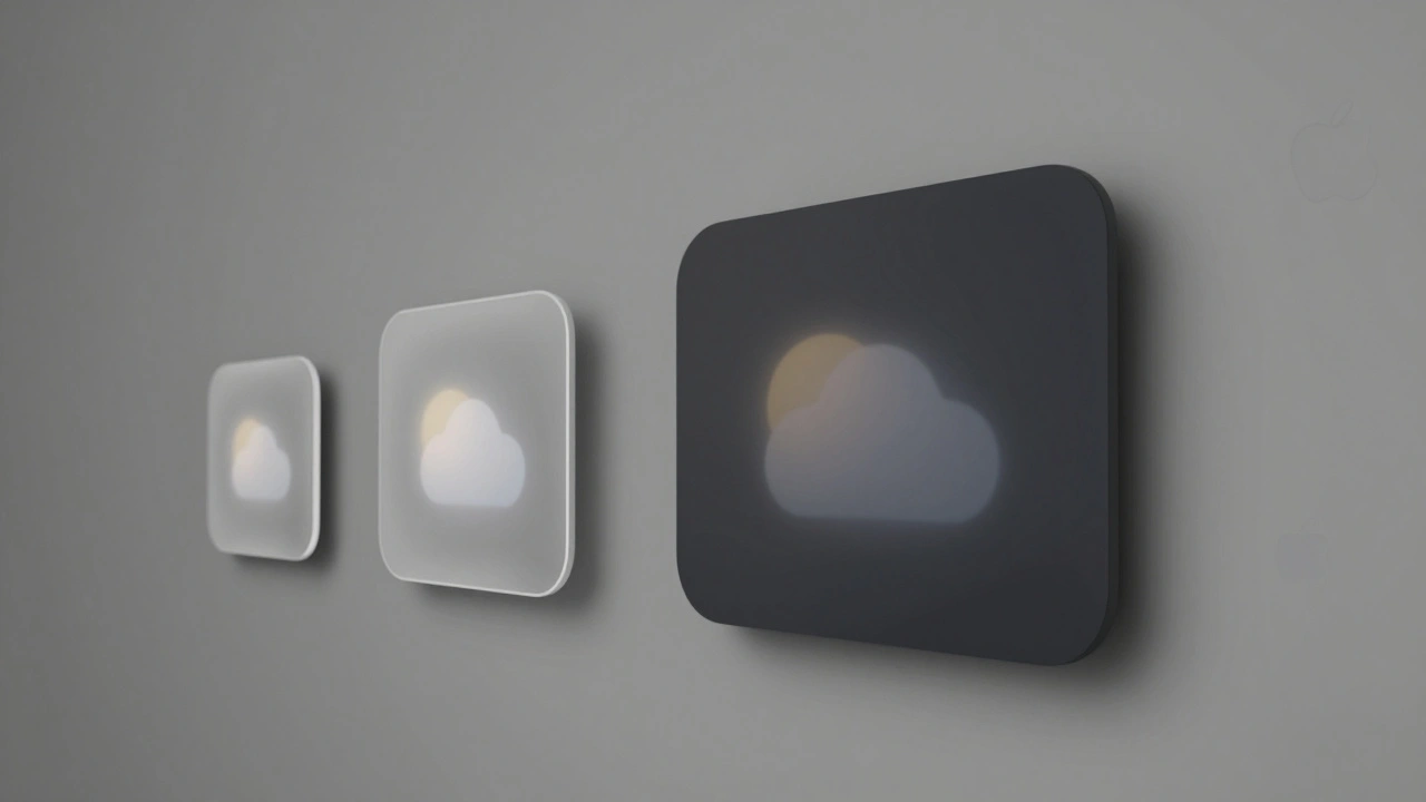 Three floating Apple widgets anchored to a wall in VisionOS with varying depth effects.