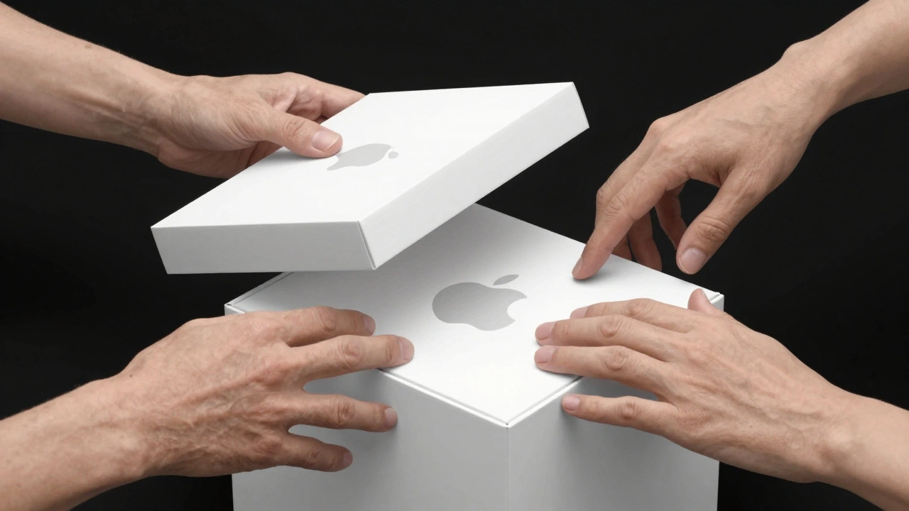 Three hands gently interacting with an Apple packaging box, each paused in quiet reverence.