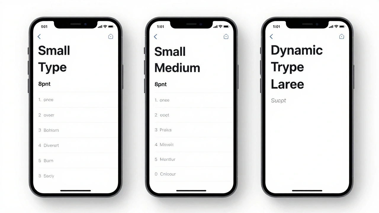 Three iPhone screens demonstrating Dynamic Type scaling from small to large text sizes while maintaining layout integrity.